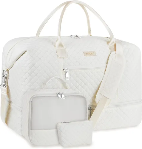 Vista 36 de Bolsa de fin de semana para mujer, bolsa de viaje de nailon, con compartimento para zapatos, tamaño grande 1-beige