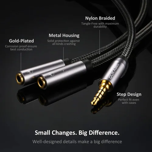 Vista 5 de DUKABEL Divisor de auriculares, resistente trenzado y chapado en oro de 0.138 in de audio estéreo en Y, cable divisor en Y de 4 polos macho a 2
