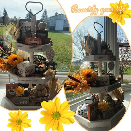 Vista 2 de MRPAPA Soporte de bandeja de 3 niveles, decoración de cocina de granja grande con fácil montaje, bandejas decorativas rústicas de 3 niveles, soporte