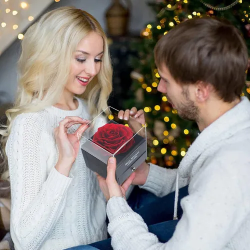 Vista 4 de Lafloraita Rosa real roja preservada con collar de corazón de cristal, regalos románticos, cajas de joyería con collar