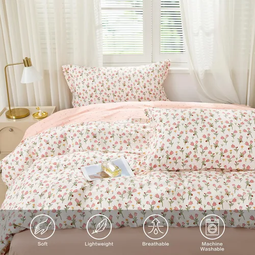 Vista 4 de SAPHREAS Juego de Funda de Edredón de Flores Rosas 2 piezas Algodón Estilo Jardín Campanilla Floral Ropa de Cama Juego de Funda de Edredón 100%