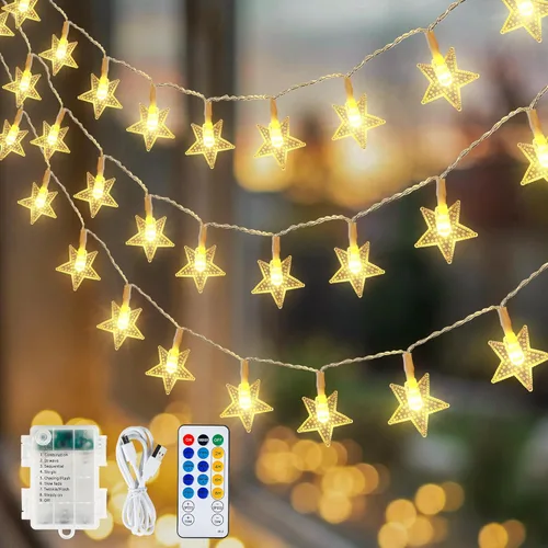 HEYFUNi Guirnalda de luces de estrella con control remoto, 16 pies, 50 luces LED bonitas con USB y funciona con pilas, 8 modos y temporizador,