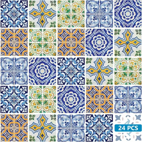 Vista 18 de Juego de 24 calcomanías para azulejos de salpicaduras, auténticos azulejos tradicionales de Talavera, calcomanías para azulejos de baño y cocina