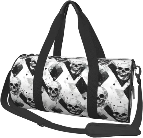 Large Duffle Bag for Travel - Retro White Black Skull Print Gym Bag for Women Men, Travel Foldable Bags for Women Men with Zippered Multiple Pockets