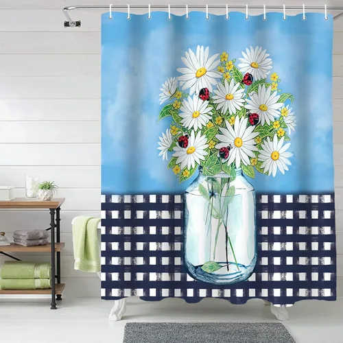 Vista 2 de Waterproof Shower Curtain Sets with 12 Hooks, Daisy Black and White Plaid Blue Sky 72x72 Inches Bathroom Decoration Shower Curtain for Bathtub