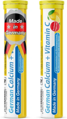 Calcio alemán + VIT. C - 40 tabletas efervescentes de bebida vegana - Sabor limón y lima - Hecho en Alemania