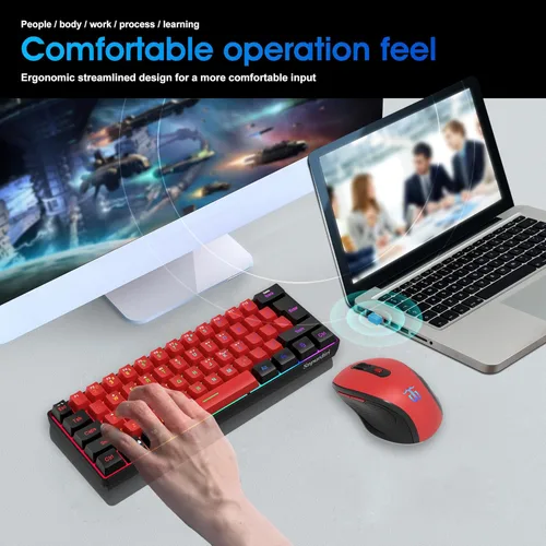Vista 7 de Snpurdiri Combo de teclado y mouse inalámbricos para juegos 2.4G, teclado inalámbrico 60% y mouse pequeño ergonómico de sensación vertical