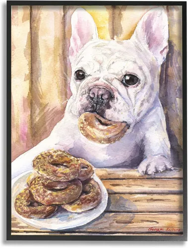 Stupell Industries Bulldog francés con donas postre para perro, diseño de George Dyachenko - Arte de pared enmarcado negro, 24 x 30, marrón