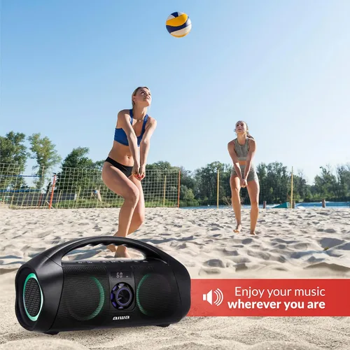 Vista 5 de AIWA Boombox portátil - Altavoz Bluetooth impermeable, Boombox inalámbrico recargable con iluminación LED multicolor y pantalla digital, entrada AUX