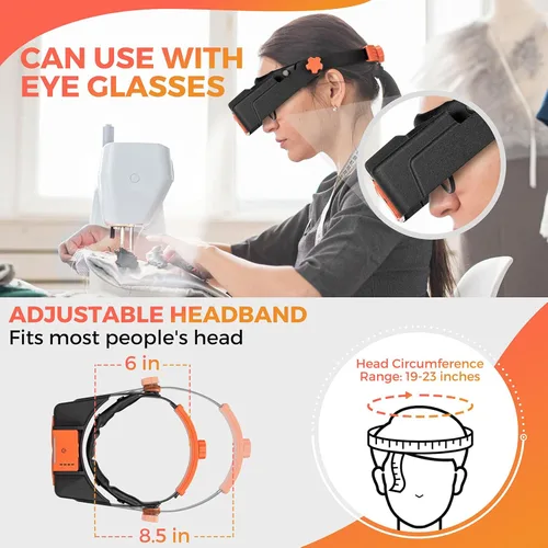 Vista 4 de Lupa de diadema con luz, gafas de aumento recargables para trabajo de cerca, diadema de aumento de 1.5X - 3.5X con 4 lentes, visor de lupa