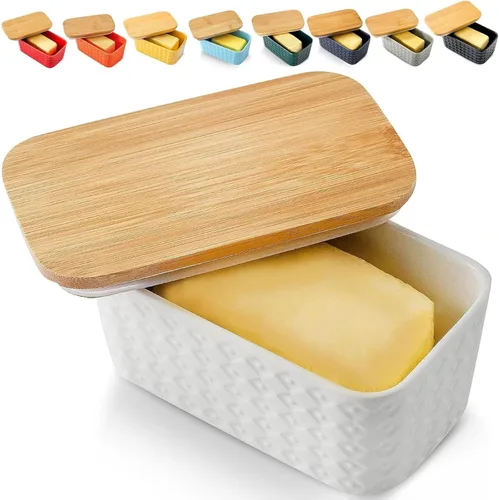 Vista 11 de HASENSE Mantequillera de cerámica con tapa, gran recipiente de mantequilla negro para encimera, soporte hermético para mantequilla en barra
