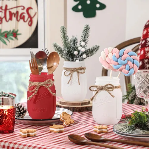 Vista 5 de Frascos Mason de Navidad, Centros de Mesa de Navidad para Mesas, Bandeja de Madera y 3 Frascos Decorativos Pintados, Decoración de Centros de Mesa
