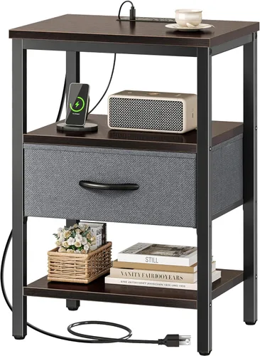 Vista 20 de SUPERJARE - Mesita de noche con estación de carga, con cajón de tela ajustable, para dormitorio, mesa auxiliar de almacenamiento de 3 niveles