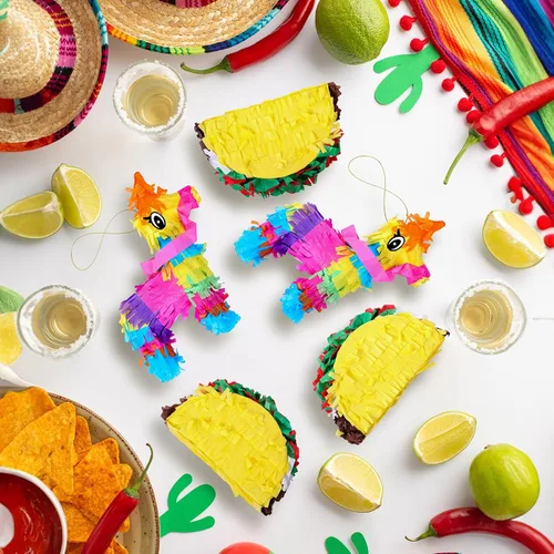 Vista 4 de Wettarn 24 mini piñatas a granel, 12 piezas de mini piñata de burro y tacos para Cinco de Mayo, fiesta de cumpleaños mexicana, decoraciones