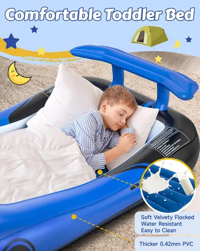 Vista 7 de CHERIMOR Cama inflable de viaje para niños pequeños con parachoques de seguridad y bomba de inflado automático de 2 minutos, colchón de aire