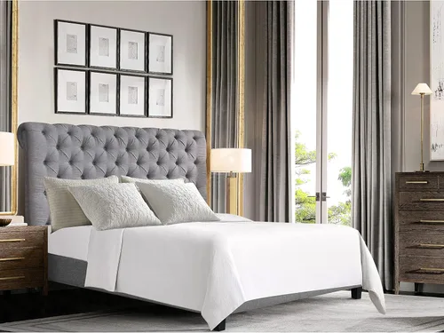 Vista 10 de Rosevera Gideon - Marco de cama tapizado de tela con cabecera ajustable, estilo Chesterfield, soporte de listones de madera, fácil montaje