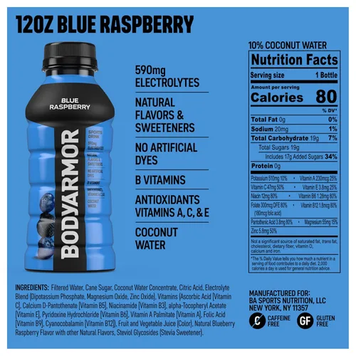 Vista 2 de BODYARMOR Bebida deportiva, frambuesa azul, sabores naturales con vitaminas, electrolitos llenos de potasio, sin conservantes, perfecta