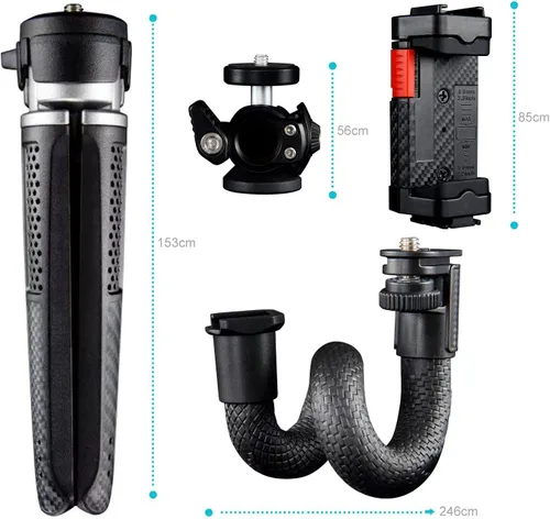 Vista 3 de Trípode ajustable portátil y resistente, soporte para teléfono celular, cabezal de bola de 360°, mini trípode con soporte de zapata fría, tornillo