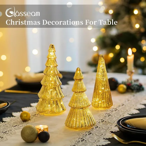 Vista 2 de Glasseam Centros de mesa de Navidad dorados para mesa: juego de 3 árboles de Navidad de vidrio de mercurio con luces, árboles de Navidad de mesa