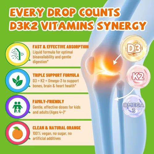 Vista 3 de Gotas de vitamina D3 K2 para niños, suplemento de vitamina K2 D3 de 1000 UI con Omega 3, ayuda a los huesos, el estado de ánimo, los dientes
