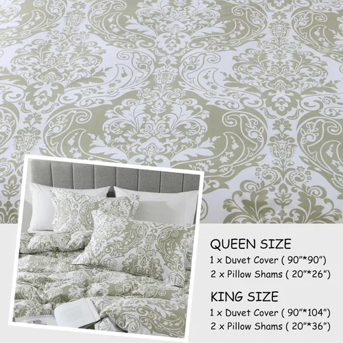 Vista 4 de Bedduvit Funda de edredón de damasco tamaño Queen, funda de edredón 100% algodón, tamaño Queen, 3 piezas, suave, transpirable, para todas