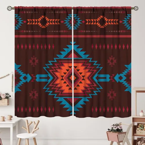 Vista 20 de Cortinas con patrón geométrico tribal, estilo suroeste, azteca, rústico, occidental, nativo americano, opacas, con bolsillo para barra, decoración