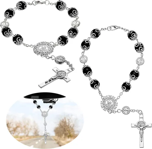 Frienda Rosario de San Benito para automóvil, 2 piezas, para espejo retrovisor, rosario para colgar en el auto, medalla católica personalizada para