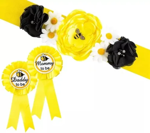 HAPPYLAND - Decoración de baby shower para niña, banda amarilla y hojalata, banda de maternidad amarilla de mamá a abeja y hojalata, cinturón de