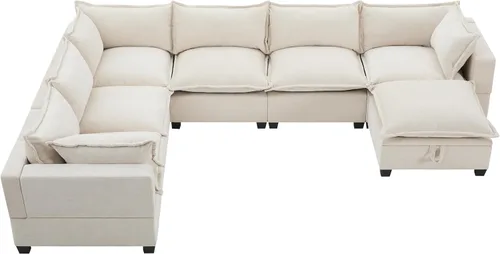 Vista 3 de Merax Modern U-Shaped Modular Couch Set with Storage Ottoman, Chenille 7-Seat Sectional Sofa Sleeper Bed with Wide Seat for Living Room, Free Off