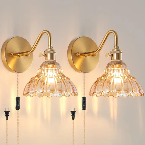 Vista 13 de Juego de dos apliques de pared vintage que funcionan con pilas, para interiores, no cableados, de latón y cristal verde, luces de pared RGB