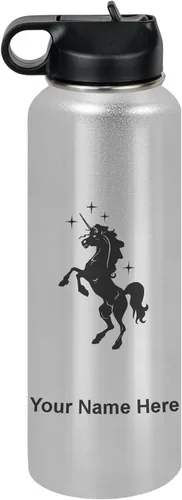 Vista 12 de LaserGram Botella de agua de doble pared abatible de 12 onzas con pajita, unicornio, grabado personalizado incluido (rosa)