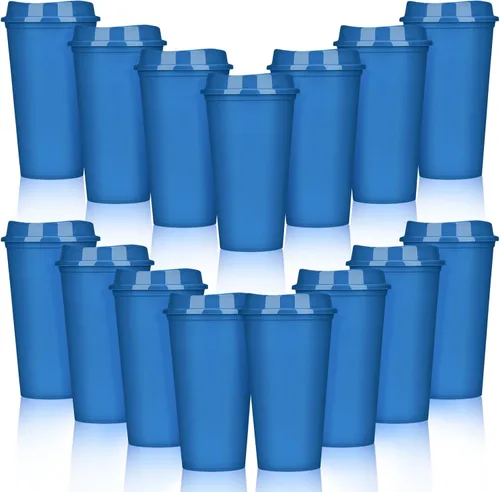 Vista 13 de Domensi Paquete de 15 tazas de café reutilizables con tapas, vasos de viaje desechables de 16 onzas, vasos de plástico a granel para llevar