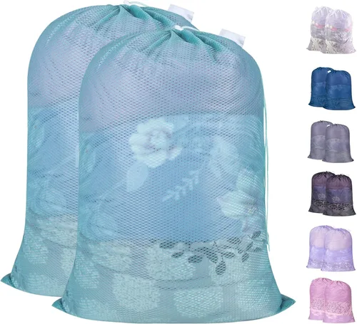 Vista 13 de Polecasa Bolsas de lavandería grandes de malla de diamante extra resistentes con cierre de cordón y etiqueta de identificación, bolsa