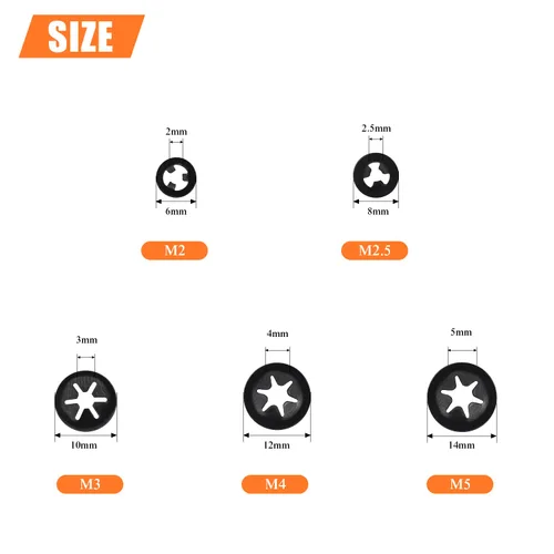 Vista 3 de 300 Piezas 5 Tamaños Arandelas de Bloqueo de Estrella con Diente Interno, Arandelas de Bloqueo de Velocidad Rápida, Tuercas de Empuje, Clips