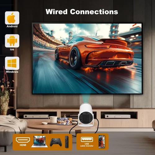 Vista 3 de Mini proyector, proyector portátil HY300 PRO, compatible con 4K 1080P con doble banda WIFI6 5G inalámbrico 5.2 Bluetooth Android 13, rotación