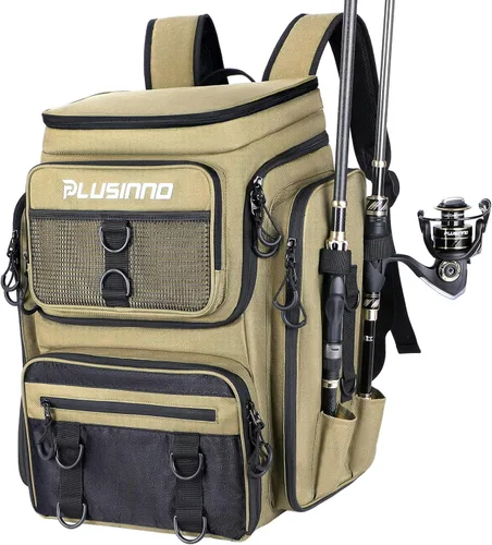 Vista 13 de PLUSINNO - Mochila de pesca con portacañas y caja de aparejos, 42L Bolsa grande resistente al agua para equipo de pesca