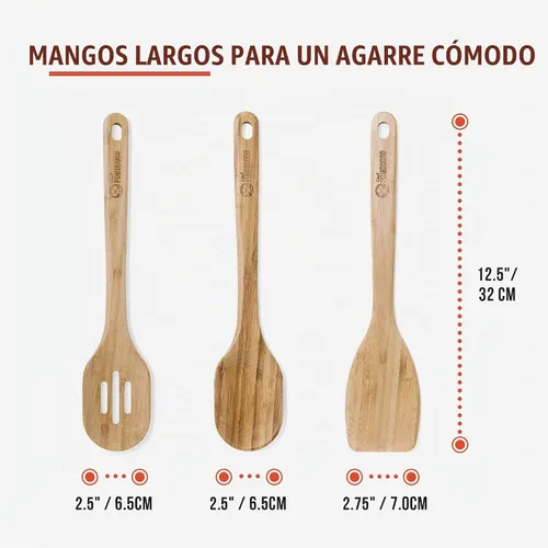 Vista 2 de Chef Pomodoro Juego de utensilios de cocina de bambú de 3 piezas, espátula de madera grande de 12.5 pulgadas y juego para freír