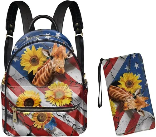 GLENLCWE Mini mochila tribal del suroeste indio azteca con cartera, bolso pequeño de cuero para viajes de trabajo, Bandera americana Ciervo Girasol,