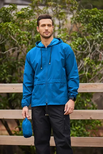 Vista 2 de COOFANDY Chaqueta impermeable para hombre, ligera, impermeable, con capucha, equipo de lluvia, viajes, senderismo, ciclismo