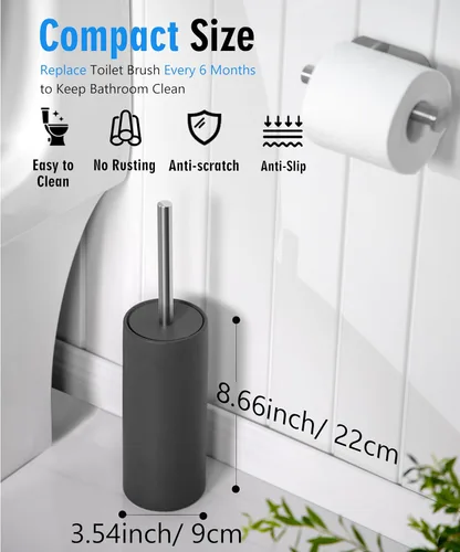 Vista 6 de Juego de escobilla y soporte de cerámica gris mate, cepillo limpiador de inodoro, cepillo de limpieza independiente para inodoro, accesorios de baño