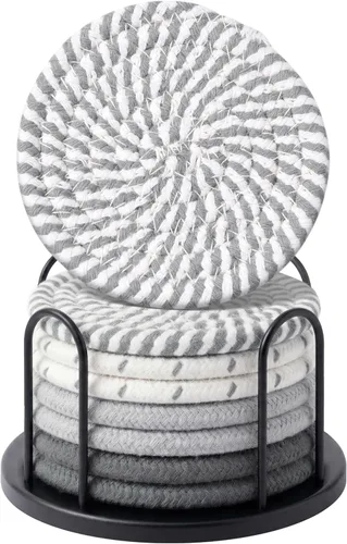 Vista 12 de Juego de posavasos Lazebox de 8 para bebidas, cerveza, café, posavasos absorbentes tejidos de algodón con soporte, posavasos boho para decoración