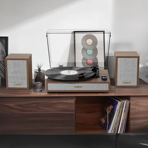 Vista 8 de Tocadiscos de vinilo con altavoces externos para estantería, 33-1/3, 45, 78 RPM, tocadiscos estéreo Bluetooth vintage para discos de vinilo, sistema