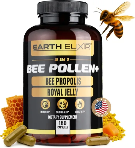 Earth Elixir Cápsula orgánica de polen de abeja 3 en 1, sin OMG, polen de abeja puro crudo, jalea real, extracto de propóleo para mujeres y hombres,