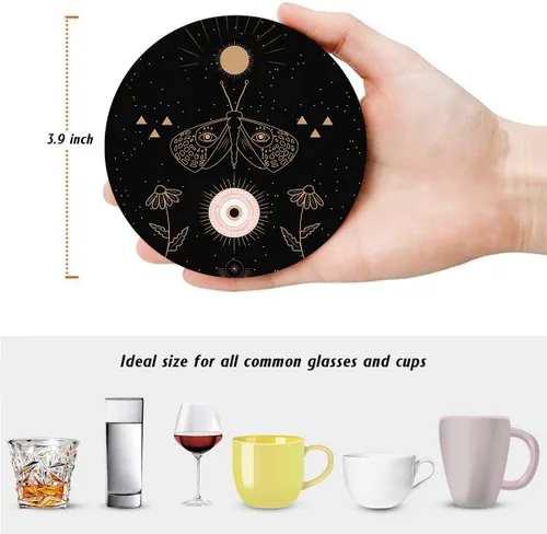 Vista 5 de Britimes Juego de 6 posavasos de mesa para bebidas, diseño de calaveras místicas negras, animales mágicos, tapete redondo absorbente de café