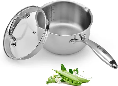 Vista 10 de Cacerola de acero inoxidable con tapa de vidrio, sartén multiusos de 2.0 cuartos de galón, olla con para verter fácilmente con mango ergonómico