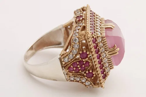Vista 7 de Joyería turca hecha a mano con forma cuadrada de ojo de gato rosa y corte redondo, topacio rubí rosa 925 y opciones de tamaño de anillo de bronce