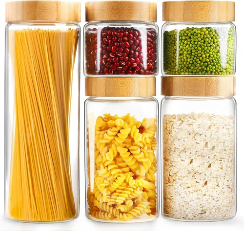 Vista 7 de Botes de vidrio con tapas herméticas de bambú - Juego de 3 envases de 80oz para cereales, frascos para galletas, almacenamiento de pasta - Tarros