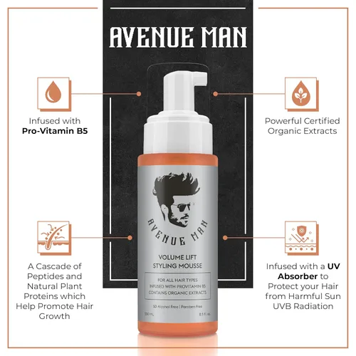 Vista 2 de Avenue Man Mousse de elevación de volumen (8.5 onzas), productos de peinado para hombres, espuma de volumen y control definitivo con extractos