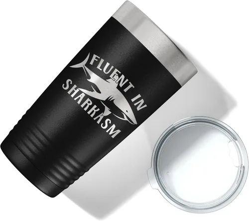 Vista 5 de Fluent in Sharkasm Tumbler Sarcasm Travel Mug Funny Shark Gift Insulated Laser Engraved Coffee Cup 20 oz Black