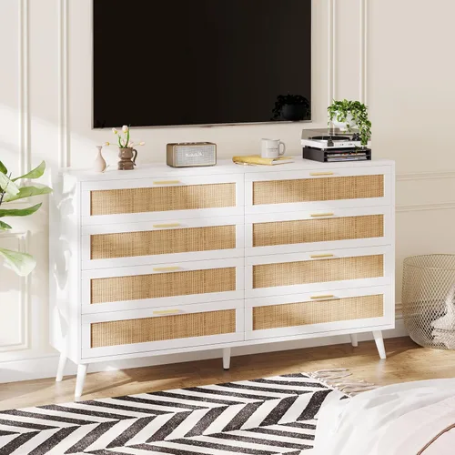 Vista 24 de Rovaurx Cómoda doble de 6 cajones para dormitorio, cómoda de ratán, cómoda de madera moderna con asas doradas, mesa auxiliar para armario, sala